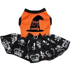 Petitebelle Halloween heks beter hebben mijn Candy Shirt Tutu puppy hond jurk, Small, Orange/Crown Skull