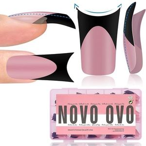 NOVO OVO Zwarte French Tip Duck Feet nageltips, volledige afdekking voor het opdrukken van acryl met maan, gebogen, dik, medium, lang, 15 maten, 150 stuks