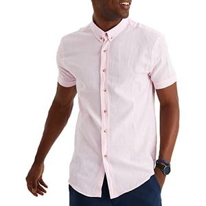 Leif Nelson Linnen overhemd voor heren, zomer, korte mouwen, linnen overhemd voor vrije tijd en business/gemengd van linnen en katoen/regular fit, roze, M