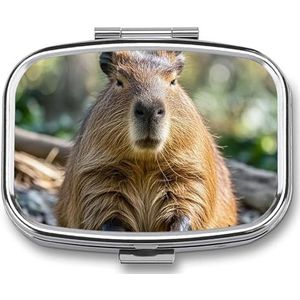 Capybara met ogen gesloten pillendoos 2 compartimenten vierkante pillendoos voor zak portemonnee draagbare reizen geneeskunde tablet vitaminehouder organizer mini decoratieve pillenetui