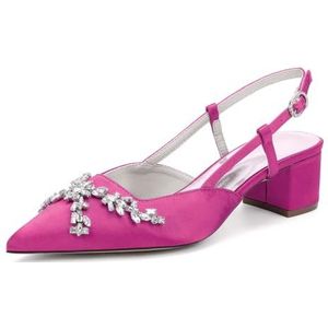 GHSIRUEU Dames pumps met puntige neus, blokhak, slingback, slip-on, lage, middelhoge hak, satijnen bruiloftsschoenen met strass,Fuchsia,35 EU