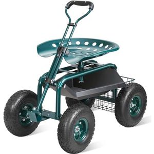 VEVOR Tuinstoel, rolstoel, 360 graden draaibaar, tuinkruk op opblaasbare wielen, 25,4 cm, trolley met zitting 760 x 450 x 960 mm, uittrekbare handgreep, gereedschapsplaat voor terras, binnenplaats,