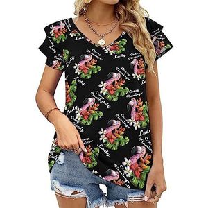Crazy Flamingo Lady Dames Casual Tuniek Tops Ruches Korte Mouw T-shirts V-hals Blouse Tee