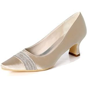 SYDZSW Satijnen pumps voor bruiloft en dames met strass-detail, elegante witte bruidsschoenen met middelhoge hak voor bruiden, formele evenementen en gala's, Champagne, 37 EU