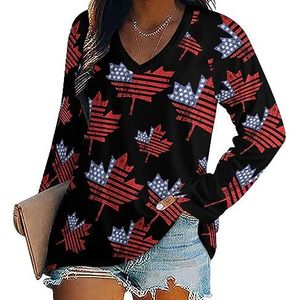 USA Canada Maple Flag vrouwen casual T-shirts met lange mouwen V-hals gedrukte grafische blouses Tee Tops 5XL