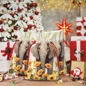 RLDOBOFE Kerstcadeauzakje met olifant en zonnebloemprint, herbruikbare geschenkverpakking, goody geschenkzakjes met cadeaulabel, cadeautas, opbergtas voor Kerstmis, Thanksgiving, bruiloft, feest