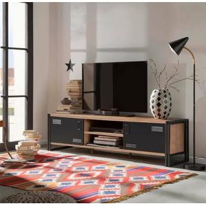 Dmora Polaris-kast, woonkamermeubel, lage kast voor tv, wandbasis, 180 x 45 x 50 cm, eiken en zwart