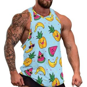Glimlachende banaan watermeloen ananas tanktop voor heren, grafische mouwloze bodybuilding-T-shirts, casual strand-T-shirt, grappig sportschool-spierweefsel