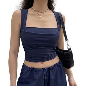 EMOTTOS Mouwloze tanktop voor dames, mouwloze tanktop met rozenprint, V-hals en ruches, vierkante hals bovendeel en dubbele ruches (3 stijlen), 03-blauw, S