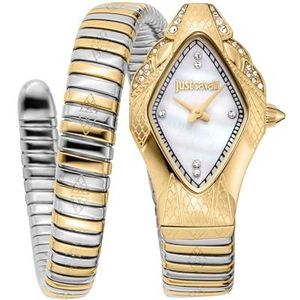 JUST CAVALLI Vrouwen Horloge, Gouden Kleur Geval, Witte MOP Wijzerplaat, Two Tone Zilver & Goud Kleur Metalen Armband, 2 Handen, 3 ATM, Tweekleurige zilveren en gouden kleur