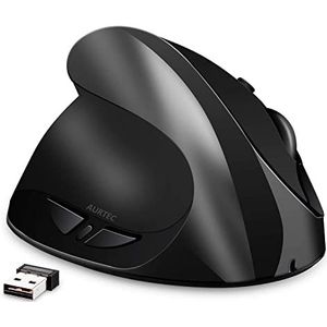 Linkshandige muis, AURTEC oplaadbare 2.4G draadloze ergonomische verticale muizen met USB-ontvanger, 6 knoppen en 3 verstelbare DPI 800/1200/1600 voor linkerhand, zwart