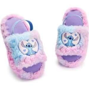 Disney Lilo & Stitch Meisjespantoffels | Stitch Character Heart Slider-pantoffels voor kinderen in roze en blauw | Kinderslip-on-huisschoenen voor binnen met bont en elastische hielband