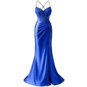 Satijnen Galajurken voor Vrouwen Zeemeermin Formele Avondbaljurken met spleet Ceremonie Jurken Plus Size, koningsblauw, 32