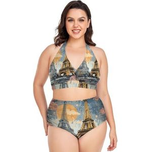 Europese Stijl Eiffeltoren Vrouwen Bikini Sets Plus Size Badpak Twee Stukken Hoge Taille Strandkleding Meisjes Badpakken, Pop Fashon, 4XL