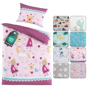 BaSaTex Kinderbeddengoed voor meisjes en jongens, 100 x 135 cm + 40 x 60 cm, 100% polyester microvezel, ritssluiting, prinses, eenhoorn, hartjes, roze