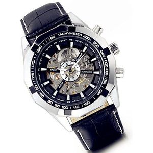 LANCARDO Heren mechanisch automatisch business polshorloge skelet automatisch horloge horloge met lederen armband, zwart zilver, Riemen.