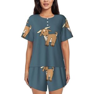 JIAWUJYNB Bruine pyjamaset met geitenprint voor dames met korte mouwen - comfortabele korte sets, nachtkleding met zakken, Zwart, S