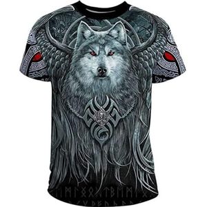 Nordic Odin Fenrir Wolf T-shirt, Unisex Viking 3D-print Vegvisir Rune Totem Classic Harajuku Korte Mouw, Celtic Pagan Summer Beach Cool Ademende Top (Color : Wolf C, Size : S)