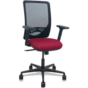 Zulema - Ergonomische bureaustoel met synchroonmechanisme, 2D-armleuningen, rugleuning van ademende netstof, zwart, zitting met balistof in granaatrood, wielen van 65 mm nylon