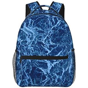 Blauwe marmeren bedrukte rugzak, waterfles zijvak voor ademend vermogen, computertas geschikt voor mannen, vrouwen en ouderen, Zwart, One Size