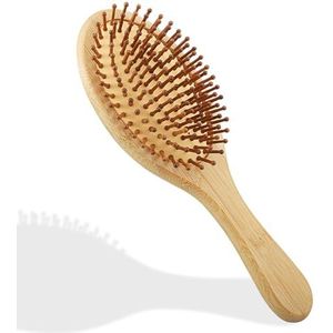 Bamboe haarborstel hout met natuurlijke pinnen, bamboe borstel voor vrouwen, mannen en kinderen, antistatisch en anti-kroes haarborstel (rond)