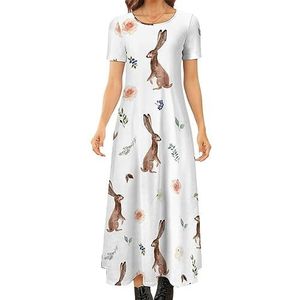 Woodland Bunny dames zomer casual korte mouwen maxi-jurk ronde hals bedrukte lange jurken 2XS