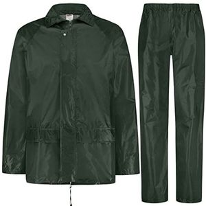 BWOLF Himalaya Regenpak voor heren, lange mouwen, waterdicht met elastische taille, capuchonjack, regenkleding, regenjas + regenbroek, 2 zakken, donkergroen, S
