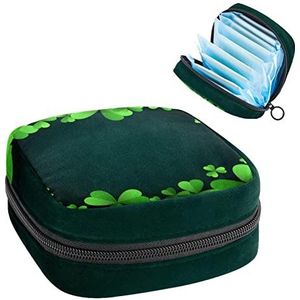 Groene klaver bladeren St Patrick's Day Achtergrond Periode Pouch Draagbaar,Tampon opbergtas voor maandverband, Meerkleurig, 4.7x6.6x6.6 in/12x17x17 cm