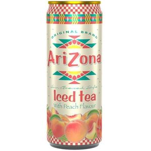 AriZona Zwarte thee met perziksmaak, verpakking met 12 blikjes van 330 ml, drankje 100% plezier, verpakking design