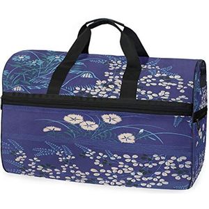 Japanse kunst blauwe bloem sport zwemmen gymtas met schoenen compartiment weekender duffel reistassen handtas voor vrouwen meisjes mannen