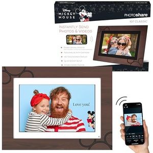 Disney Classic PhotoShare Friends and Family 10” Smart Digital Photo Frame, Send Pics from Phone to Frames, Wi-Fi, 8 GB, Holds 5,000+ Pics, 1280x800 HD Touch Panel, Premium Espresso Engraved Wood