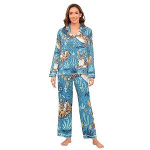 YOUJUNER Satijnen pyjamasets voor dames, schattige tijgerprint, lange mouwen, nachtkleding loungewear set, pyjamaset, Meerkleurig, XXL