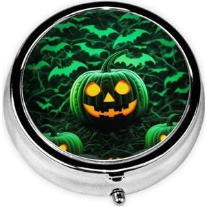 Stijlvolle ronde pillendoos groene geest horror Halloween metalen pillendoos 3 compartimenten medicijnpillenhouder draagbare pillenorganizer doseerdoos, kleine pillendoos voor reizen voor portemonnee