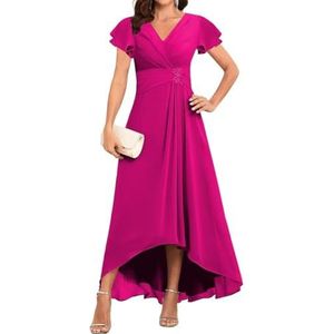 WSEYU Korte Mouw Moeder Van De Bruid Bruidegom Jurken Chiffon Kralen Formele Avond Grootmoeder Jurken Thee Lengte ZM203, roze (hot pink), 32