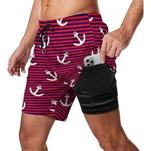 Anker met blauwe rode strepen heren zwembroek sneldrogend 2-in-1 strand sport shorts met compressie voering en zak