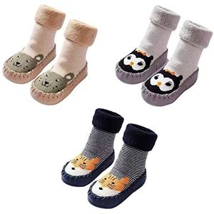 FedMois 3 paar Baby kruipschoenen winter eerste schoentjes thermische slofjes antislip sokken pantoffels, Hond, Uil en Hamster, maat 21/22