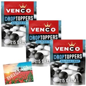 Venco Droptoppers, set van 3 x 215 g, salmiak & munt, zwart en wit drop, snoep uit Nederland, wijngum, mix kruidig, stevig drop Holland-Box by Vriens