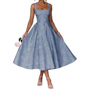 AHERKLL Spaghetti Bandjes Bruidsmeisjes Jurken Bloemen Satijn Jacquard Formele Avond Feest Maxi Jurk Thee Lengte HAH047, Dusty Blauw, 32