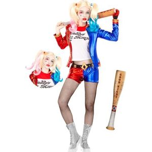 Funidelia | Harley Quinn-kostuum & pruik en opblaasbare knuppel - Suicide Squad vrouwen Kostuum voor Volwassenen, Accessoire verkleedkleding voor Halloween, carnaval & feesten - Maat XXL - Rood