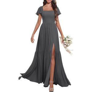 KURFACE Dames fladdermouwen V-hals chiffon bruidsmeisjesjurken met split geplooide lange avond formele feestjurk, Grijs, 32