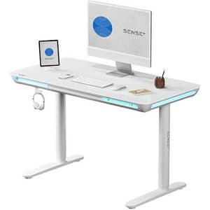 SENSE7 Computertafel Nomo, Bureau 120x60 cm, LED Gaming Bureau, Kantoor Bureau met USB-C en USB 3.0 Poorten, Glazen Blad, Verstelbaar Elektrisch Bureau met Lade, Haak en Verlichting