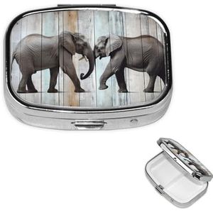 Olifant op Hout Pillendoos 2 Compartiment Vierkante Draagbare Pillenhoes voor Pocket of Portemonnee Pil Houder Wekelijkse Pil Organizer Decoratieve Metalen Geneeskunde Vitamine Organizer Reisgeschenk