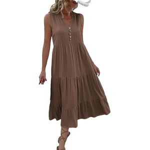 Dvbfufv Vrouwen Casual Midi Jurk Zomer Vrouwen Mouwloze V-hals Knopen Ruche Jurken Vrouwen Losse Soild Strand Jurk, KOFFIE BRON, S