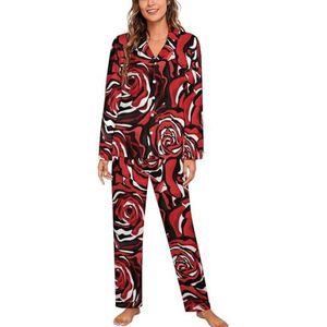 Rozen in Zwart Wit Vrouwen Lange Mouw Button Down Nachtkleding Zachte Nachtkleding Lounge Pyjama Set 2XL
