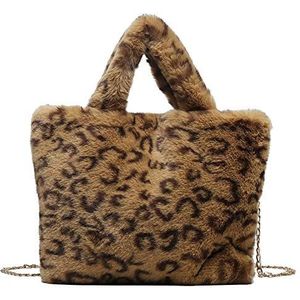 Bienwwow Vrouwen Tote Schoudertas Leopard Dierenprint Faux Bont Handtas Harige Top Handvat Crossbody Tas met Metalen Ketting Strap