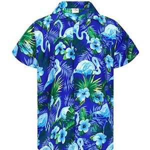 King Kameha Funky Hawaïhemd voor heren, korte mouwen, voorzak, Hawaii-print, vakantie, strand, party, bloemenprint, flamingo-print, Flamingoflowers-blueturquoise, XS