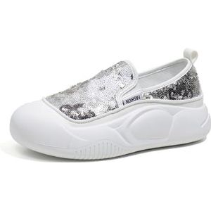 kumosaga Damesmode platformloafers, vrijetijdsschoenen met ronde neus en pailletten, sprankelende instapper-orthopedische schoenen for dames (Color : White, Size : EU39)