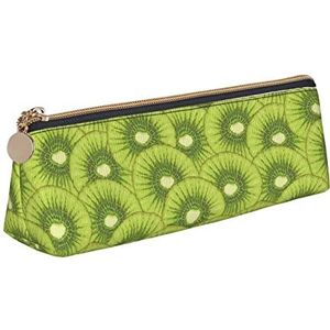 Kiwi Fruit Rode Streep Patroon, Potlood Pouch Driehoek Pen Case Draagbare Lederen Potlood Tas met Rits Cosmetische Pouch Bag, zoals afgebeeld, Eén maat, Tas Organizer