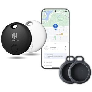 HH-Tech Bluetooth Tracker (Pack-2 + 2 Protectors) voor Android-apparaten Werkt met Google Find My, Find Hub, Tracker, Item Finder, Volg eenvoudig je portemonnee, tas, koffer en meer (alleen Android)