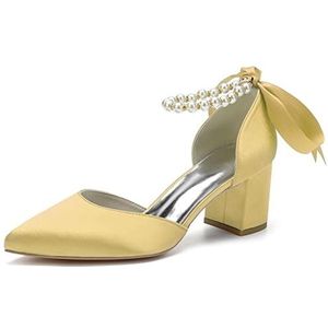 Dames Mid Chunky Blokhakken Trouwjurk Schoenen Parels Enkelbandje Bruidspumps Puntige neus Avondfeest Sandalen,Goud,36 EU